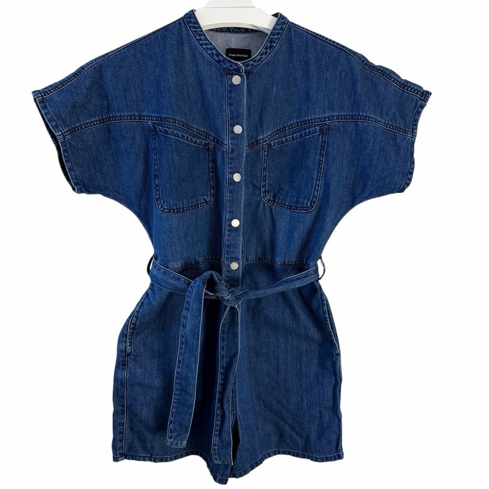 FRANK AND OAK Blue Denim Belted Utility Romper Short Sleeve organic cotton size - Picture 4 of 14